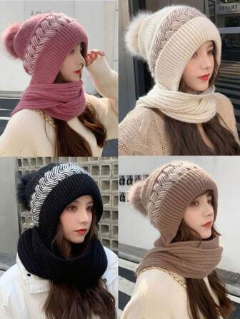 1 Piece European And American Fashion Hat And Scarf Set For Women, Winter Warm All-Match Autumn And Winter Woolen Hat, Fashionable Korean Style Padded Winter Knitted Hat