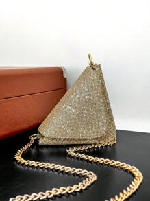Bolsa Feminina Transversal Pequena Festa Noite Glitter Triangulo Geométrica Tendencia - Dourado - Visão 6