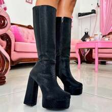 Botas largas rectas brillosas plata/negro de plataforma tipo bratz para mujer - Negro - Ver 2
