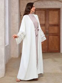 1 chiếc áo len cardigan dệt kim màu trơn thanh lịch thường ngày bằng vải rayon có đính đá pha lê, thủ công tinh xảo, áo choàng dài/abaya duyên dáng và thời trang - trắng - Xem 4