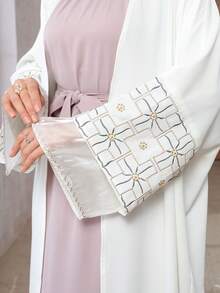 1 chiếc áo len cardigan dệt kim màu trơn thanh lịch thường ngày bằng vải rayon có đính đá pha lê, thủ công tinh xảo, áo choàng dài/abaya duyên dáng và thời trang - trắng - Xem 2