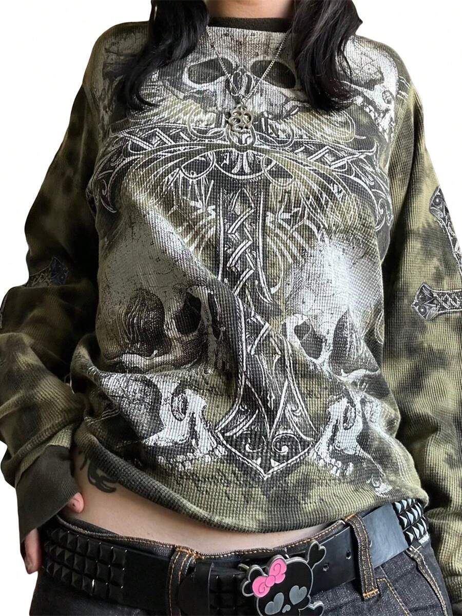 Women's Spring Autumn Loose Sweatshirt Skull Print Long Sleeve Crewneck Halloween Pullover - màu xanh lá - Xem 1