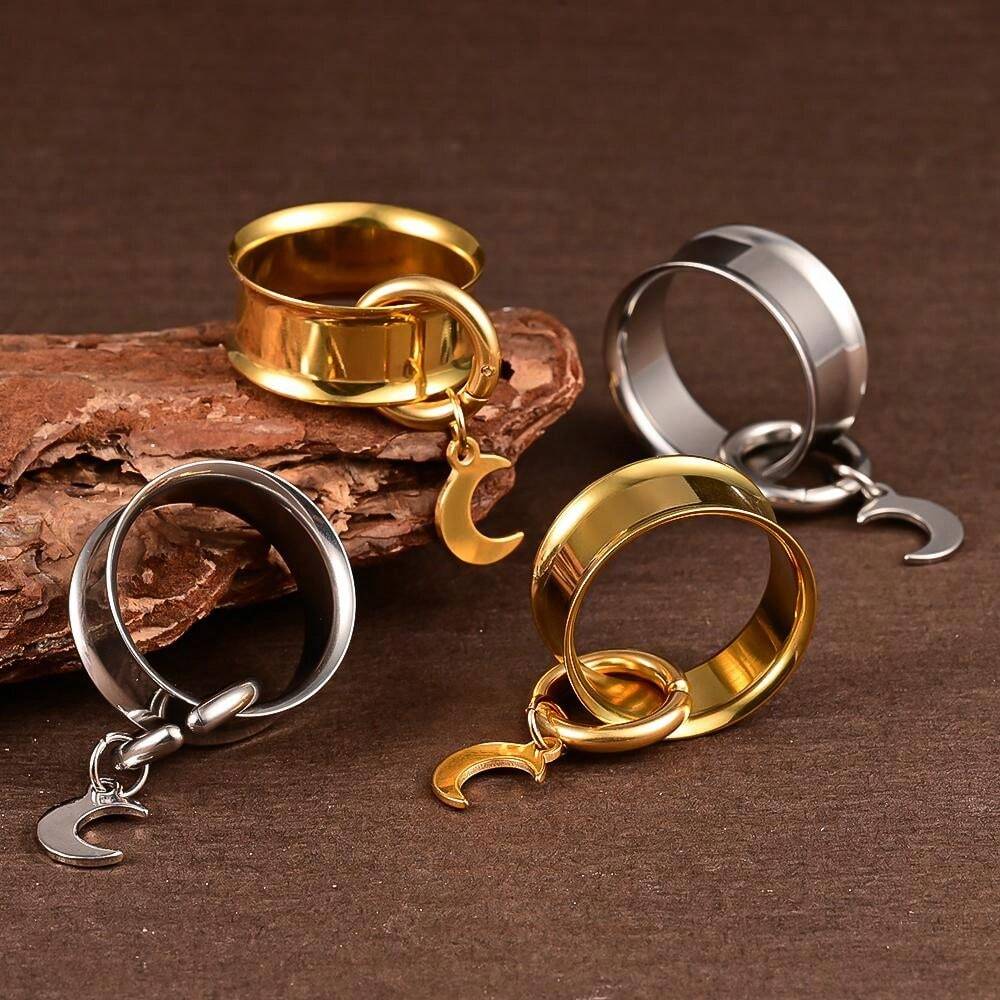 2PCS Stainless Steel Moon Double Flared Ear Plugs Tunnels Gauges