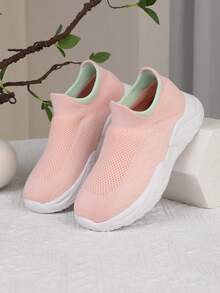 Giày thể thao lười dệt kim mềm mại cho bé gái, giày chạy bộ thể thao nhẹ cho trẻ em - Màu Hồng baby - Xem 4