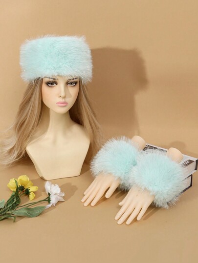 Nuevo conjunto de diadema y mangas para otoño/invierno, de moda, esponjoso, suave y cálido para exteriores. Diadema y mangas de unicolor, elegantes y casuales, de fibra de poliéster, para salidas nocturnas y al aire libre.