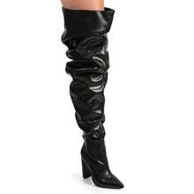 Over The Knee Wide Calf Slouchy Chunky Heel Boots - Black - View 7