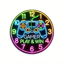 Delicia para gamers: Reloj de pared de arte de hierro de 8 pulgadas con pintura decorativa y grabado con lámina - Regalo perfecto para gamers, excelente para decoración del hogar, la oficina y fiestas. No es un reloj real ni una señal de neón.