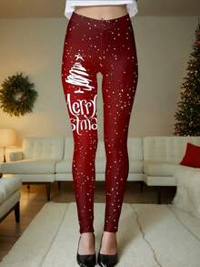 Quần legging tập yoga in họa tiết bông tuyết thanh lịch dành cho nữ, quần tập ôm vừa vặn cho mùa đông - Đỏ - Xem 2