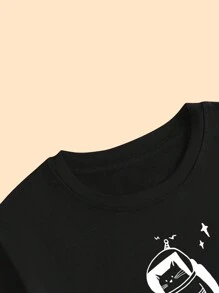 Women's Astronaut Kitten Printed T-Shirt Comfort Short Sleeve Streetwear - 黑色 - 查看 5