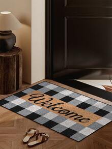 1 pieza Felpudo de bienvenida a cuadros blanco y negro, minimalista de felpa corta, absorbente y antideslizante, lavable para cocina, baño, comedor, entrada, fiesta, Año Nuevo, todas las estaciones