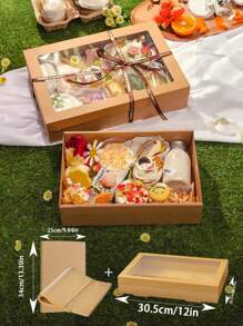 2 件（1 个野餐盒+1 张防油纸）棕色棕色棕色纸胶带盖带透明窗口多功能蛋糕烘焙、炸鸡、披萨、三明治、水果储物盒，适用于野餐、露营、户外、派对、生日、披萨店、炸鸡店。