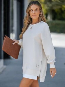 Long Sleeve Pullover Sweatshirt Zipper Slit Casual Dress - 杏色 - 查看 7