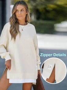 Long Sleeve Pullover Sweatshirt Zipper Slit Casual Dress - 杏色 - 查看 3