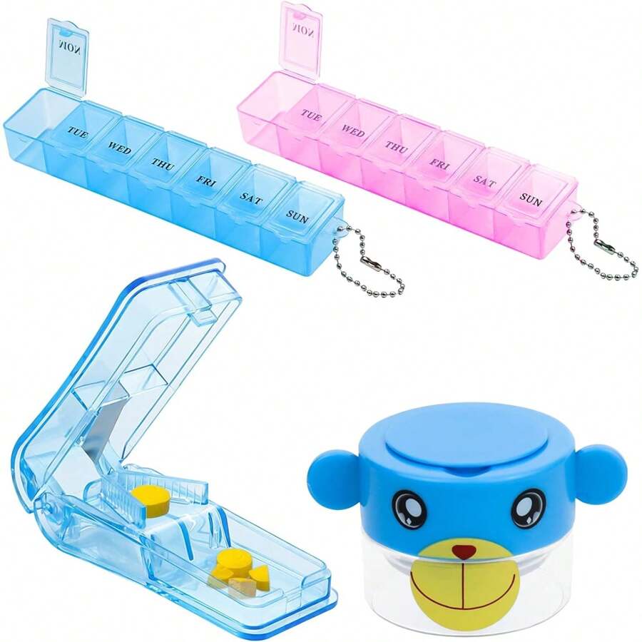 2 个 7 天药片盒，含 1 个药片分离器和 1 套药片研钵，用于维生素、膳食补充剂和药物 - 彩色 - 查看 1