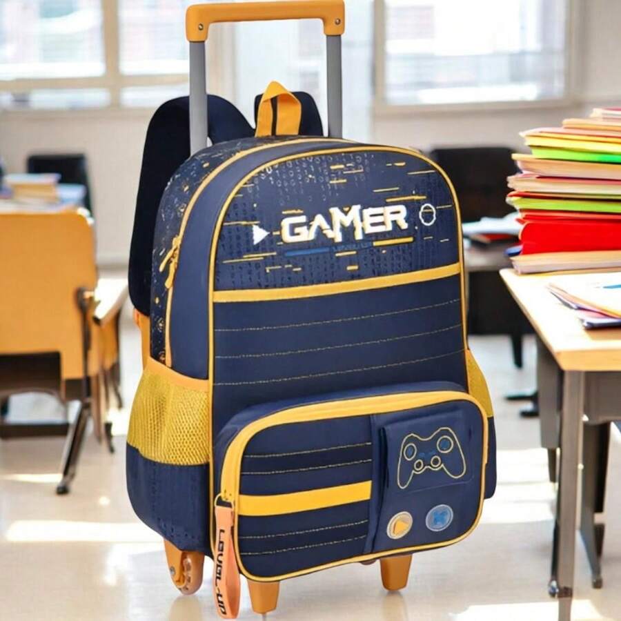 Wheeled Backpack Kit Video Game Lunch Box School Pencil Case For Boys Clio Style - Ba lô màu vàng - Xem 1