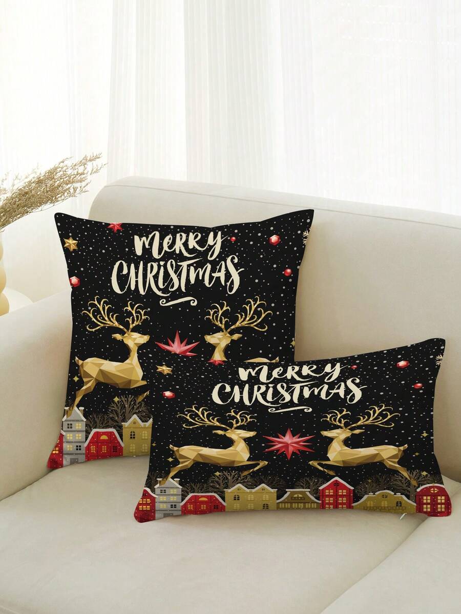 1pc Christmas Element Printed Pillow Cover, 2pcs Vintage Christmas