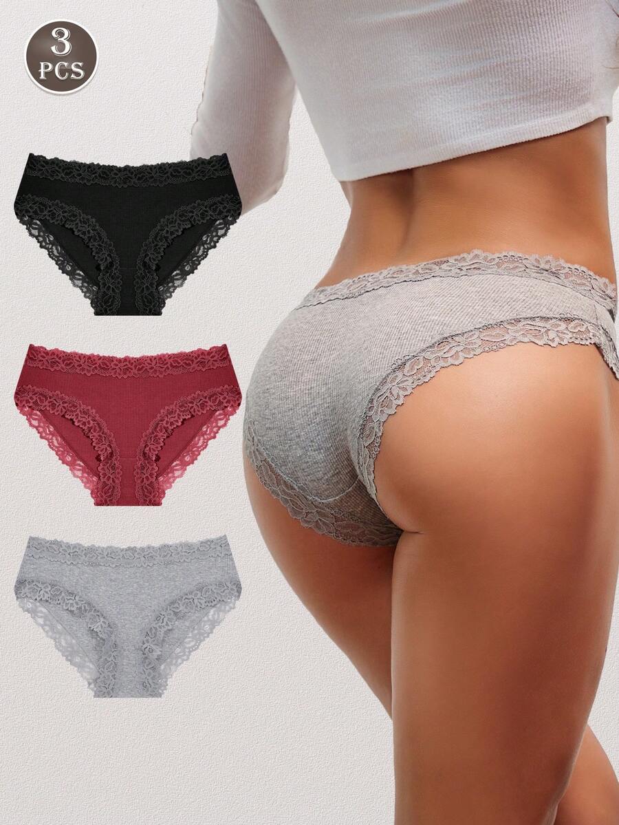 3 件装纯色低腰蕾丝边女式三角裤，浪漫优雅 - 彩色 - 查看 1