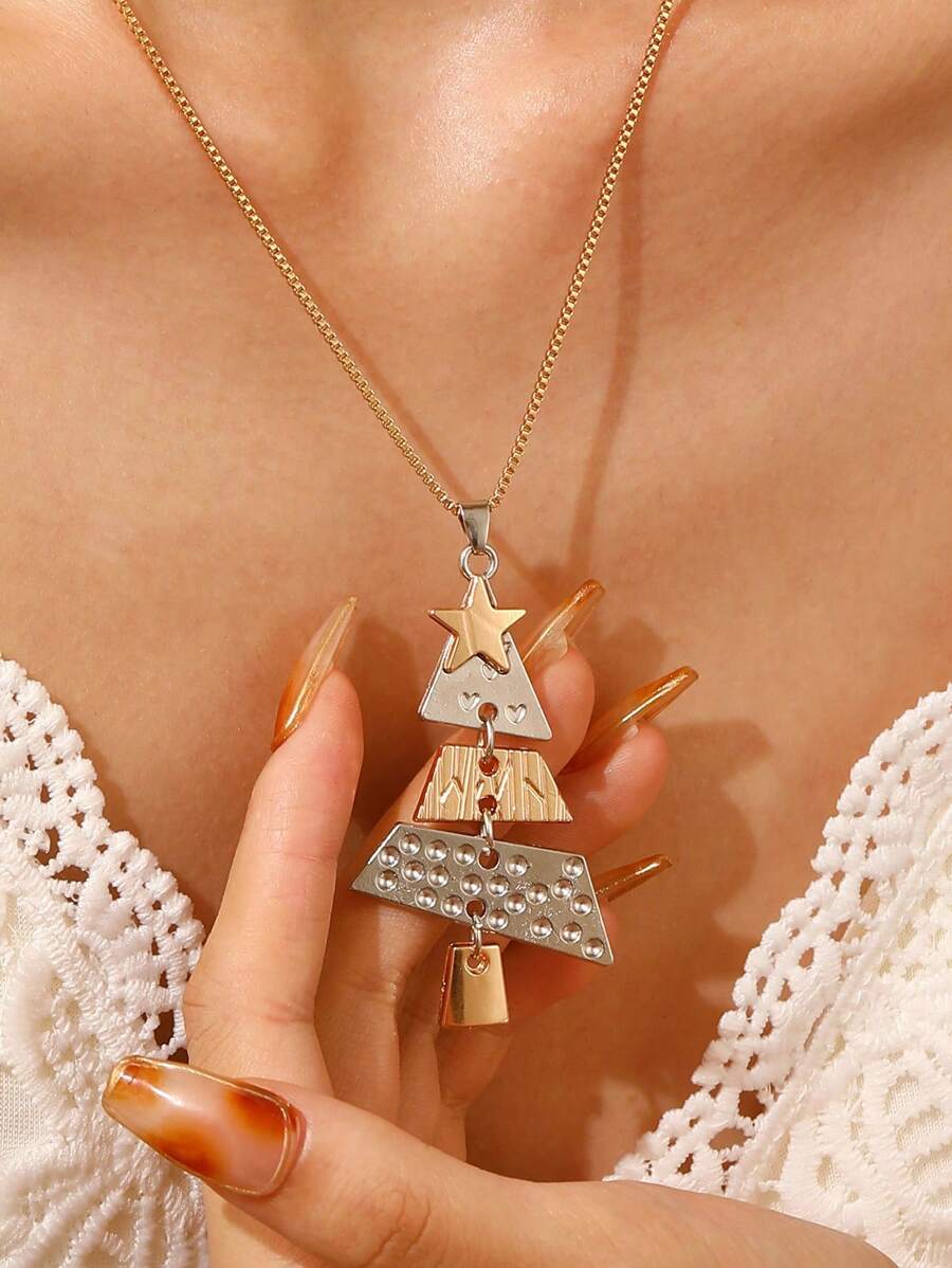 1pc Christmas Tree Pendant Necklace, Fashion Jewelry For Women, Party & Holiday Accessory