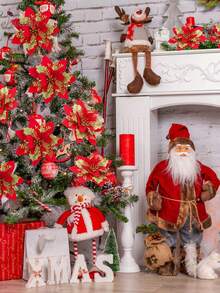 闪光一品红 5.5 英寸人造花圣诞节带夹子茎圣诞树饰品适用于婚礼派对花环装饰（红色） - 紅色 - 查看 8