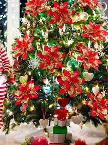 闪光一品红 5.5 英寸人造花圣诞节带夹子茎圣诞树饰品适用于婚礼派对花环装饰（红色） - 紅色 - 查看 2