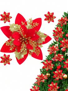 闪光一品红 5.5 英寸人造花圣诞节带夹子茎圣诞树饰品适用于婚礼派对花环装饰（红色） - 紅色 - 查看 1