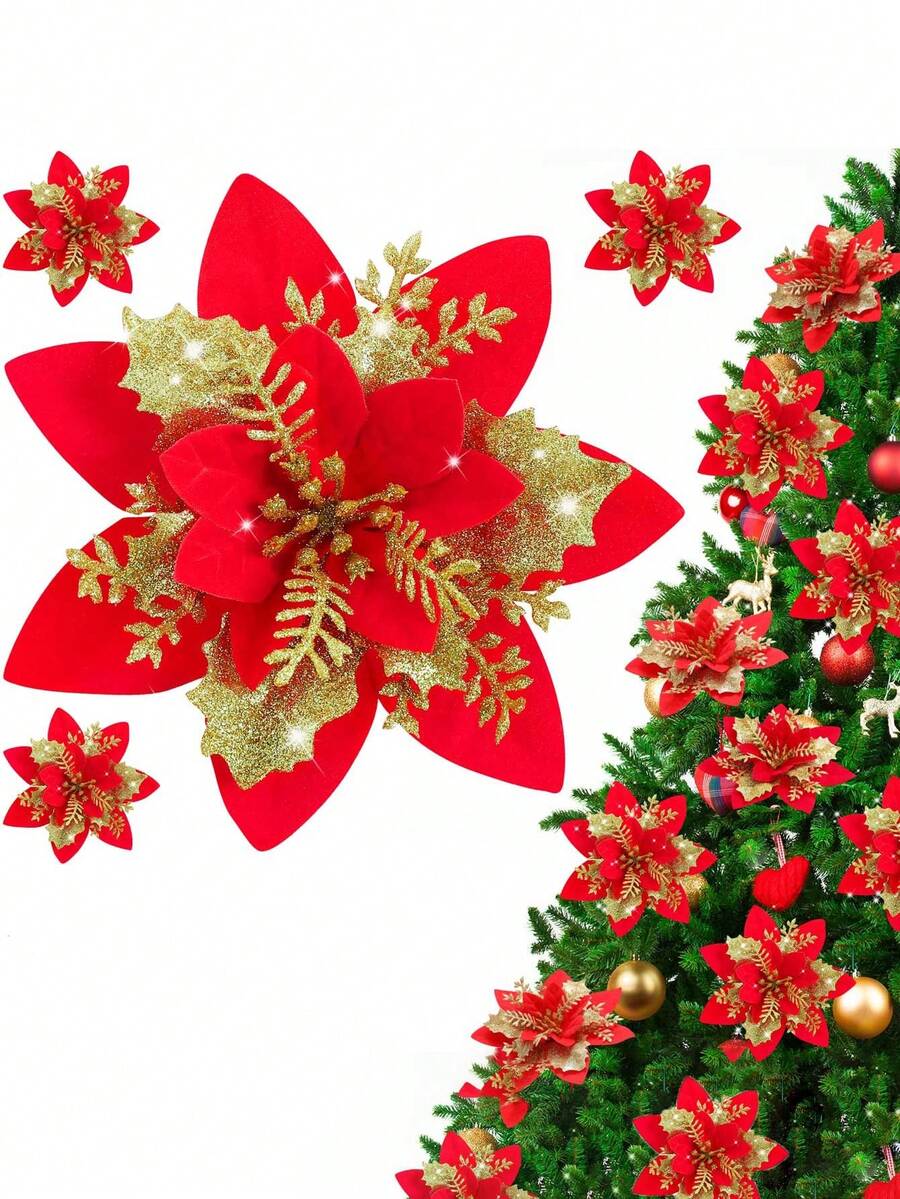 闪光一品红 5.5 英寸人造花圣诞节带夹子茎圣诞树饰品适用于婚礼派对花环装饰（红色） - 紅色 - 查看 1