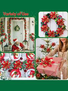 闪光一品红 5.5 英寸人造花圣诞节带夹子茎圣诞树饰品适用于婚礼派对花环装饰（红色） - 紅色 - 查看 5