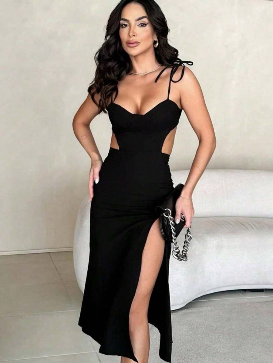 Midi Dress With Straps, Tie On The Shoulder, Neckline On The Sides And Slit On The Side, Crepe Fabric, Daytime Casual Chic, Parties And Events, - Black - View 1