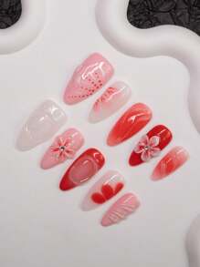10pcs/Set Handmade Almond-Shaped Nail Patches In Pink, White And Red Tie Dye Colors With Floral, 3D Ripple Patterns - Y2K Girly Style, Suitable For Women & Girls, Ideal For Parties, Dances And Everyday Wear, Includes Tools Kit, Great Gift For Ladies And Girls