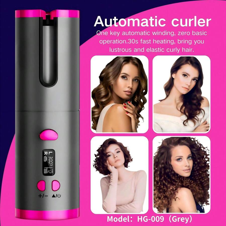 自动卷发器，适合蓬松秀发 - 快速充电 Type-C，陶瓷材质，便携式卷发器，6 种温度设置，家用自动卷发器，不打结 - 非常适合造型和特殊场合，是节日礼物的完美之选