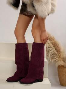 Damen Herbst Neue Mode Koreanische Blockabsatz Veloursleder Halbe Wadenstiefel, Mittlerer Absatz Röhrenstiefel, Reitstiefel für Damen, Passen zu Frauenkleidern