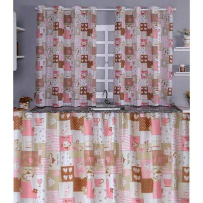 Kit Cozinha 2 Peças Cortina Janela Estampada 2,00x130 Cortina Pia