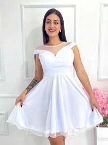 Short Luxury Party Dress With Sparkle And Short Sleeves - trắng - Xem 3