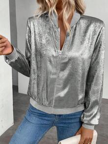 Keke Bloomly Women's Lightweight Long Sleeve Zip-Up Casual Jacket, Shiny Metallic Fabric, Fashion Versatile For Work, Travel, Casual Wear - Silver - View 7
