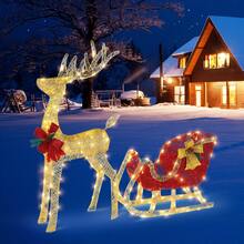 Juego de 2 piezas de decoración navideña para exteriores con trineo de alces iluminado para todo tipo de clima con 210 luces LED, lazo, estacas para el suelo, bridas, decoración navideña con trineo de alces para exteriores para jardín y césped - Multicolor - Ver 9