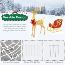 Juego de 2 piezas de decoración navideña para exteriores con trineo de alces iluminado para todo tipo de clima con 210 luces LED, lazo, estacas para el suelo, bridas, decoración navideña con trineo de alces para exteriores para jardín y césped - Multicolor - Ver 2