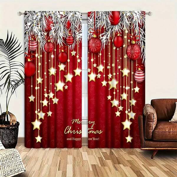 2 juegos de cortinas con temas navideños y de Año Nuevo, de tela mate de doble cara, con alta opacidad, adecuadas para la sala de estar, el dormitorio y la decoración del hogar, con perforación para barra