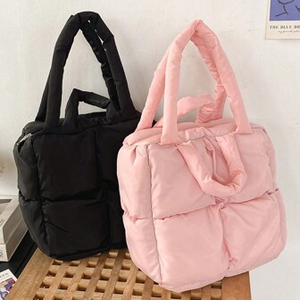 NYXIA Autumn Winter Simple Soft Quilted Shoulder Bag, Casual Solid Color Large Capacity Tote Bag, Women's Handbag For School, College, Vacation, Travel