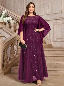 Plus Elegant Sequin Floral Lace Chiffon Batwing Sleeve  Contrast Mesh Mermaid Hem Formal Evening Party Long Dress, Elegant Formal Prom Wedding Guest Gown, For Graduation, Dinner - 紫紅色 - 查看 3