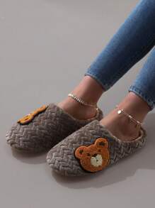 Fall/Winter Cute Cartoon Embroidered Plush Soft-Sole Slip-On Ladies Slippers & House Socks,Fluffy Slippers - Coffee Brown - View 2
