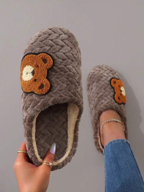 Cute Cartoon Embroidered Plush Soft-Sole Slip-On Ladies Slippers & House Socks