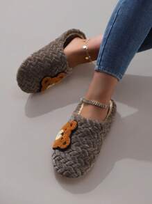 Fall/Winter Cute Cartoon Embroidered Plush Soft-Sole Slip-On Ladies Slippers & House Socks,Fluffy Slippers - Coffee Brown - View 3