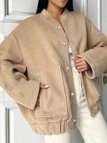 女士时尚优雅休闲纯色立领大口袋外套 - 駝色 - 查看 3