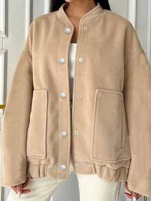 女士时尚优雅休闲纯色立领大口袋外套 - 駝色 - 查看 6