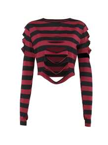 Women's Distressed Crop Tops Gothic Long Sleeve Round Neck Striped Print Loose T-Shirts Halloween Costume - 紅色 - 查看 4