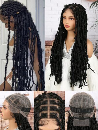 30 Inches Braided Wigs For Women Double Full Lace Knotless Locs Black Butterfly Square Curly Dreadlock Braids Wigs Synthetic Lace Front Braided Wigs With Baby Hair Handmade Braid Wigs For Christmas New Year Carnival Music Festival