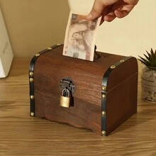 1 pieza Caja de Madera para Guardar Dinero, Caja Creativa de Diseño de Cofre del Tesoro para Almacenamiento de Dinero en el Hogar - Óxido marrón - Ver 3