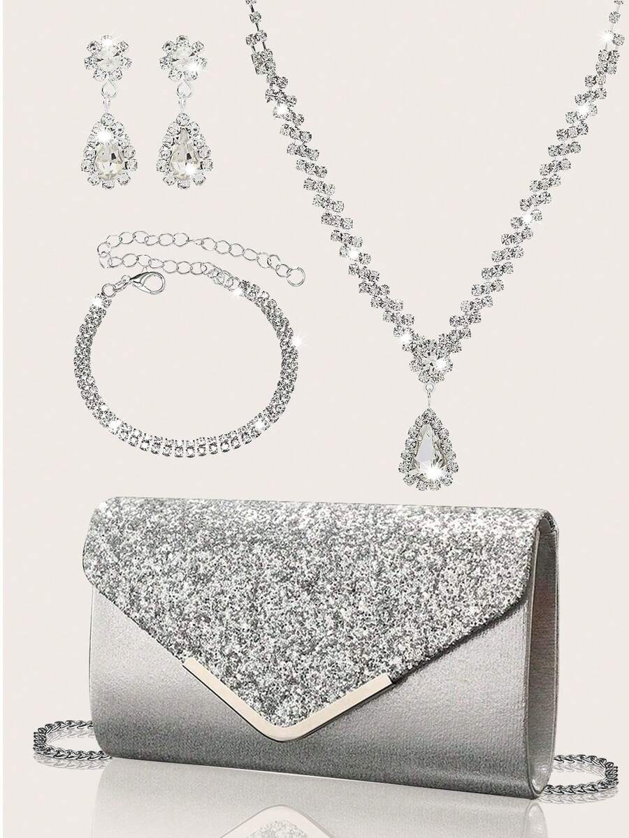 Túi buổi tối lấp lánh 4 món cho nữ Túi cầm tay buổi tối đính đá Rhinestone Kẹp tai đính đá Rhinestone Vòng tay choker cô dâu Vòng tay lấp lánh lấp lánh Ví cầm tay lấp lánh - Bạc - Xem 1