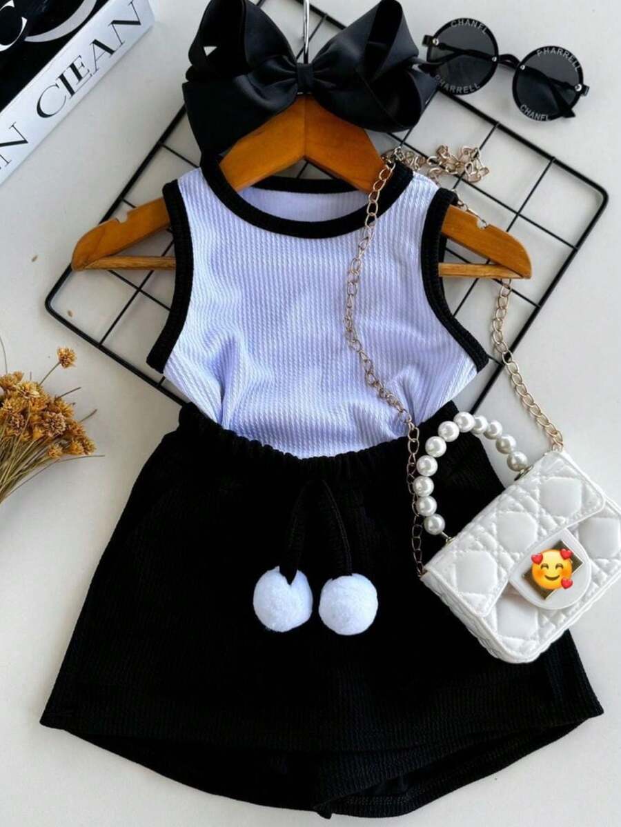 Children's Set Ribbed Tank Top And Shorts Skirt With Pompom On The Front Summer Foreign Fashion Launch - màu đen - Xem 1