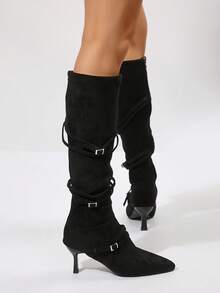 Giày bốt cao đến đầu gối, gót mỏng, mũi nhọn thời trang bằng da lộn, dành cho nữ, mùa thu và đông 2024 - màu đen - Xem 3